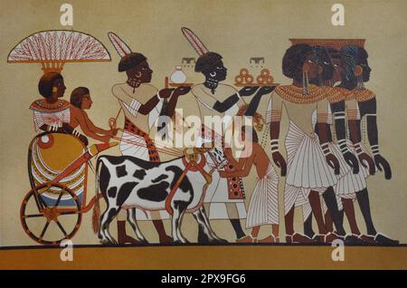 Gemälde des alten Ägyptens. Beispiel für ein Wandgemälde: Äthiopische Prinzessin und ihr Gefolge. (Achtzehnte Dynastie Ägyptens). Stockfoto