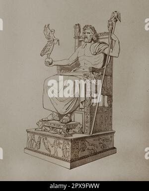 Vintage-Illustration der Zeus-Statue in Olympia. Die Zeus-Statue in Olympia war eine riesige sitzende Figur, etwa 12,4 m (41 Fuß) hoch, die von dem griechischen Bildhauer Phidias um 435 v. Chr. im Heiligtum Olympia, Griechenland, geschaffen wurde und dort im Tempel des Zeus errichtet wurde. Zeus ist der Himmel und Donner gottes in der alten griechischen Religion, der als König der Götter des Olymp regiert. Die Statue war eine Chryselephantin-Skulptur aus elfenbeinfarbenen Platten und goldenen Paneelen auf einem Holzrahmen. Zeus saß auf einem bemalten Zedernholz-Thron, verziert mit Ebony, Elfenbein, Gold und Edelsteinen. Es war eines der sieben Weltwunder von T. Stockfoto