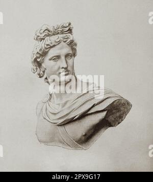 Eine alte Illustration von Apollo Belvederes Kopf. Die Apollo Belvedere (auch Belvedere Apollo, Apollo des Belvedere oder Pythian Apollo genannt) ist eine gefeierte Marmorskulptur aus der klassischen Antike. Stockfoto