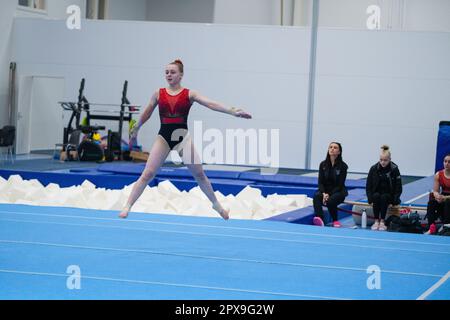 Åland Invitational 2023 Gymnastics, Mariehamn, April 2023. Turner aus Finnland, Schweden, Norwegen und dem Vereinigten Königreich. Bild: Rob Watkins – Qualifizierende Tagesebene Stockfoto