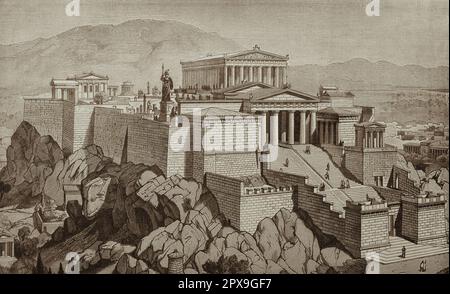 Alte Illustration der restaurierten Aussicht auf die Akropolis. Ende des 19. Jahrhunderts. Stockfoto