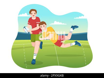 Rugby-Spieler mit einem Ball im Meisterschaftssport für Webbanner oder Landing Page in flachen, handgezeichneten Cartoon-Vorlagen Stockfoto