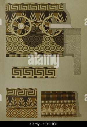 Vintage-Illustration der Architektur von Hellas. Ornamente in den Tempeln des antiken Griechenlands. (Felsvorsprung des Zeus-Tempels, Olympia, mit Ausnahme der Abbildung unten rechts). Unten rechts - Teil des Felsvorsprungs des Tempels C in Selinus (Sizilien), ist ein griechischer Tempel im dorischen Stil. Stockfoto