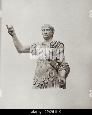 Alte Illustration von Trajan, „Palladium“, weiße Marmorstatue, spätes 1. Jahrhundert n. Chr. Trajan (Lateinisch: Caesar Nerva Trajanus; 53-117) war von 98 bis 117 römischer Kaiser. Offiziell vom Senat zum optimus Princeps („bester Herrscher“) erklärt, wird Trajan als erfolgreicher Soldatenimperator in Erinnerung gerufen, der eine der größten militärischen Erweiterungen in der römischen Geschichte leitete und das Reich zum Zeitpunkt seines Todes zu seiner größten territorialen Ausdehnung führte. Stockfoto