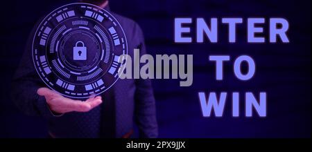 Textunterschrift mit „Enter to Win“, „Business Showcase“, bei der ein Wert gegen einen Preis oder eine Gewinnchance eingetauscht wird Stockfoto
