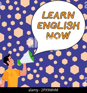 Schreiben mit Text Erlernen Sie jetzt Englisch, Konzept bedeutet, Kenntnisse und Fertigkeiten der englischen Sprache zu erwerben oder zu erwerben Stockfoto