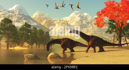Eine Herde von Dsungaripterus Pterosaurier fliegen über zwei Alamosaurus sauropod Dinosaurier und trinken Wasser. Stockfoto