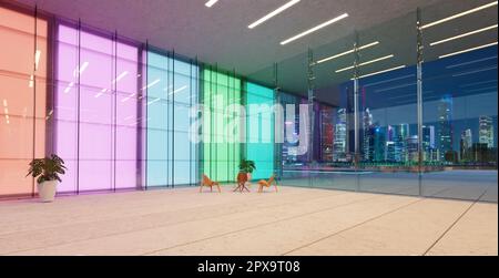 Moderne, farblich abgestufte Glaswände in der Lobby. Realistisches 3D-Rendering Stockfoto