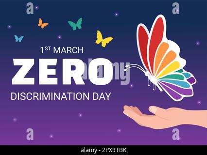 Zero Discrimination Day Illustration mit verschiedenen Personen und Farben für die Landing Page in der handgezogenen Flugvorlage für Schmetterlinge in Cartoon Stockfoto