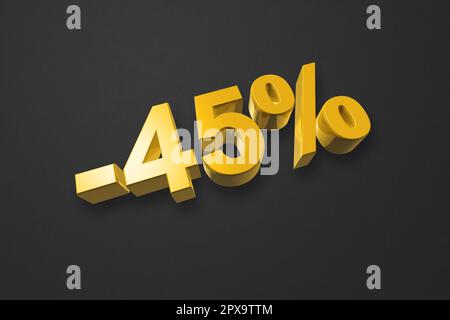 45 % Rabatt. Angebotsangebot. 3D-Abbildung isoliert auf Schwarz. Aktionspreis. Goldnummer Stockfoto