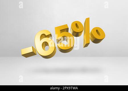 65 % Rabatt. Angebotsangebot. 3D-Abbildung isoliert auf weiß. Aktionspreis. Goldnummer Stockfoto