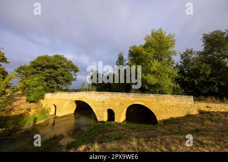 Romanische Brücke von Artigue und Fluss Osse in der Nähe von LarressSingle auf dem Weg nach Santiago de Compostela, UNESCO-Weltkulturerbe, Departement Gers, Frankreich Stockfoto