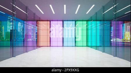 Moderne, farblich abgestufte Glaswände in der Lobby. Realistisches 3D-Rendering Stockfoto