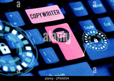 Inspiration mit Schriftsteller, Geschäftsübersicht, die den Text von Werbung oder Werbematerial verfasst Stockfoto