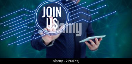 Inspiration zeigt das Schild Kommen Sie zu uns, Business Showcase Registrieren Sie sich im Community-Team oder im Blog Melden Sie sich bei den sozialen Medien an Stockfoto