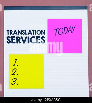 Textunterschrift Präsentation von Translation Services, Konzeptfoto-Organisation, die Menschen die Übersetzung von Sprache ermöglicht Stockfoto
