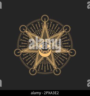 Esoterisches okkultes Symbol mit Auge der Vorsehung im Stern mit sieben Strahlen und Halbmond im Kreis. Vektormason spiritueller symbolischer, mysteriöser Tarot Stock Vektor