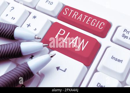 Schreiben mit Text Strategieplan, Geschäftskonzept Ein Prozess, bei dem Strategie definiert und Entscheidungen getroffen werden Stockfoto