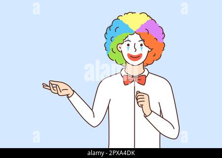 Männchen im Clownkostüm unterhalten die Öffentlichkeit auf einer Party oder Feier. Ein Mann mit bunten Haaren und Malerei im Gesicht in der Unterhaltungsindustrie. Vektor illustr Stockfoto