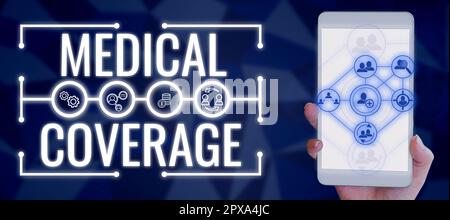 Inspiration mit Zeichen Medical Coverage, Wort für Aufnahme in den Geltungsbereich einer Versicherungspolice oder medizinischen Schutzplan Stockfoto