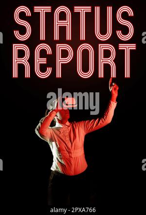 Inspiration mit Vorzeichen Statusbericht, Business Showcase Update Zusammenfassung der Situationen ab einem bestimmten Zeitraum Stockfoto