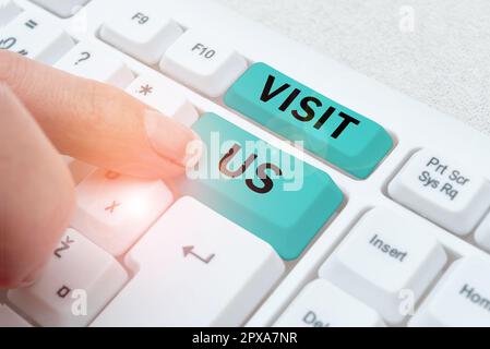 Schreiben Anzeigetext Besuchen Sie uns, Einladung zum Geschäftskonzept Beobachten Sie Eine Webseite Link zu Homepage Blog Internet Stockfoto