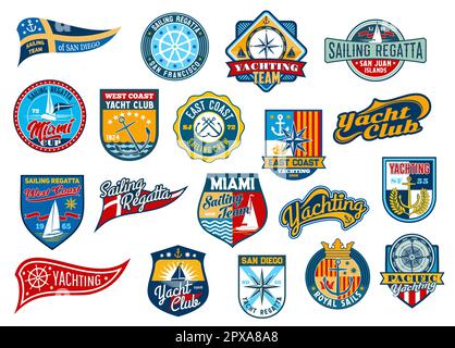 Segelabzeichen, Yachtsport oder Regatta Retro Stickerei, Yacht Club Vector Labels. Seemannschaft-Flicken für Regatta Crui Stock Vektor