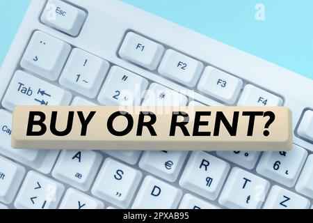 Begriffliche Beschriftung Kaufen oder Mieten, Konzept bedeutet Zweifel, ob man etwas besitzt, man kann es mieten Stockfoto