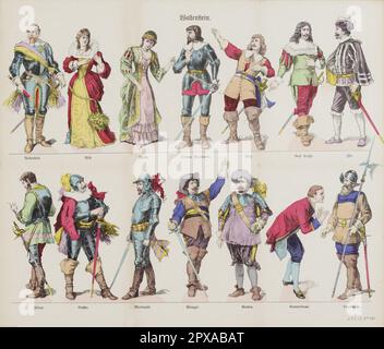 Сolor Lithographie der Trilogie der Dramen Wallenstein des deutschen Autors Friedrich Schiller, 1899 Wallenstein ist die beliebte Bezeichnung einer Trilogie der Dramen des deutschen Autors Friedrich Schiller. Es besteht aus den Stücken Wallensteins Camp (Wallensteins Lager), einem langen Prolog, dem Piccolomini (die Piccolomini) und Wallensteins Tod (Wallensteins Tod). Er schloss die Trilogie 1799 ab. In diesem Drama spricht Schiller den Niedergang des berühmten Generals Albrecht von Wallenstein an und stützt sich dabei locker auf historische Ereignisse während des Dreißigjährigen Krieges. Wallenstein versagt auf seiner Höhe Stockfoto