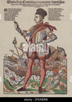 Gravur von Johannes von Osterreich. 1571 Johannes von Österreich (Spanisch: Juan, 1547 – 1578) war ein unehelicher Sohn des Heiligen römischen Kaisers Charles V. Er wurde militärischer Führer im Dienste seines Halbbruders, König Philip II. Von Spanien, und ist am besten bekannt für seine Rolle als Admiral der Flotte der Heiligen Allianz in der Schlacht von Lepanto. Stockfoto