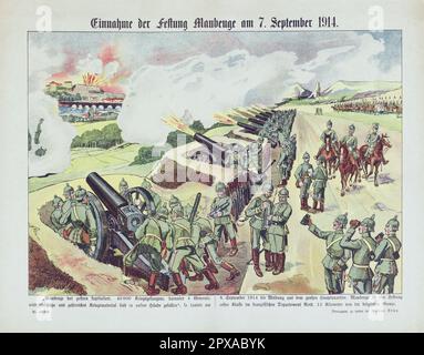 Deutsches Propagandallithographie-Poster: Fang der Festung Maubeuge am 7. September 1914. 1914 die Belagerung von Maubeuge fand vom 24. August bis zum 7. September 1914 im etablierten Lager von Maubeuge statt, dem Beginn des Ersten Weltkriegs an der Westfront. Stockfoto