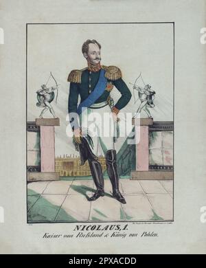 Nicholas I. aus Russland. 1835 Nicholas I (1796-1855) war Kaiser von Russland, König des Kongresses Polen und Großherzog von Finnland. Er war der dritte Sohn von Paul I. und der jüngere Bruder seines Vorgängers Alexander I. In der Geschichte wird er vor allem als Reaktionär in Erinnerung gerufen, dessen kontroverse Herrschaft durch geografische Expansion, Zentralisierung der Verwaltungspolitik und Unterdrückung von Meinungsverschiedenheiten gekennzeichnet war. Nicholas hatte eine glückliche Ehe, die eine große Familie hervorbrachte; alle ihre sieben Kinder überlebten die Kindheit. Stockfoto