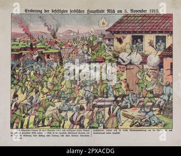 Farbgravierung der Aufnahme der befestigten serbischen Hauptstadt Nisch am 5. November 1915 (Morava Offensive). Die Morava Offensive Operation wurde von der bulgarischen Ersten Armee zwischen dem 14. Oktober 1915 und dem 9. November 1915 im Rahmen der strategischen Offensive Operation der Armeegruppe Mackensen gegen Serbien im Jahr 1915 durchgeführt. Unter dem Kommando von Generalleutnant Kliment Boyadzhiev nahmen die Bulgaren die befestigten Gebiete Pirot, Niš und das Tal des Morava ein. Infolgedessen waren die serbischen Streitkräfte gezwungen, sich in Richtung Kosovo und Metohija zurückzuziehen. Stockfoto