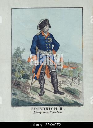 Alte Farblithographie von Frederick dem Großen. 1835 Frederick II. (Gern.: Friedrich II; 1712 – 1786) war König in Preußen von 1740 bis 1772 und König von Preußen von 1772 bis zu seinem Tod. Zu seinen wichtigsten Errungenschaften gehören seine militärischen Erfolge in den Schlesianischen Kriegen, seine Neuorganisation der preußischen Armee. Stockfoto