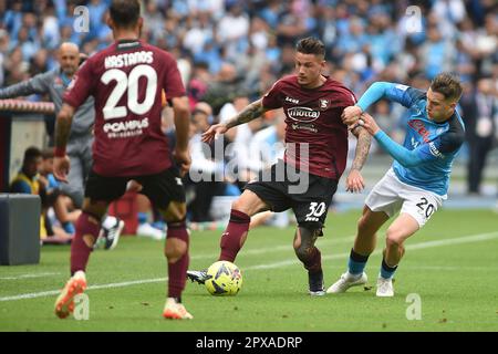 Neapel, Italien. 30. April 2023. Pasquale Mazzocchi von US Salernitana tritt im Spiel Be der Serie A mit Piotr Zielinski von SSC Napoli um den Ball an Stockfoto