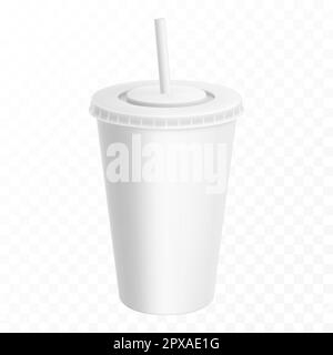 Plastikbecher für Soda-Getränke oder Pappbecher mit Trinkhalm, Vector Realistic 3D weiße Einwegpackung. Limonade, Saft oder Eistee, alkoholfreie Fastfood-Getränke Stock Vektor