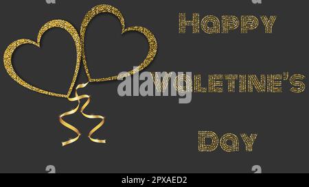 Wunderschöne abstrakte Textur aus goldenen, glitzernden Liebesherzen Ballons und goldenen Bändern für Happy Saint Valentine's Day auf schwarzem Hintergrund und Kopien Stock Vektor