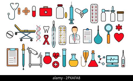 Medizinisch-pharmazeutische große Reihe von medizinischen Artikeln, Ausrüstung, Gegenstände von Ikonen auf weißem Hintergrund: Tabletten Thermometer Kapseln Flaschen Medikamente Tanne Stock Vektor