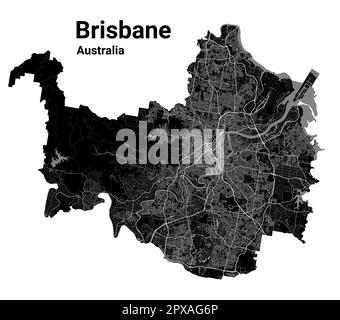 Brisbane Karte. Detaillierte Vektorkarte des Verwaltungsgebiets der Stadt Brisbane. Stadtbild-Poster mit Blick auf die Metropolitane Aria. Dunkles Land mit weißen Straßen, Straßen A Stock Vektor