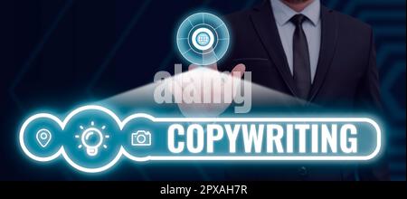 Handschriftlicher Text Copywriting, Business Showcase Schreiben des Textes von Werbung oder Werbematerial Stockfoto