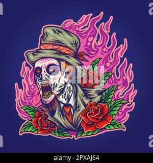 Día de los muertos Zombie Sugar Schädel mit blühenden Rosen Illustration Vektor für Ihr Arbeitslogo, Merchandise-T-Shirt, Aufkleber und Etikettendesigns, Post Stock Vektor