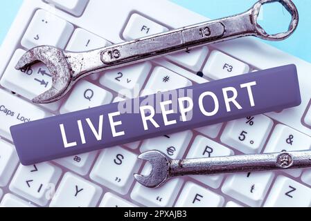 Handgeschriebener Signature Live Report, Konzept für kontinuierlichen Strom von Updates, die in Echtzeit veröffentlicht werden Stockfoto