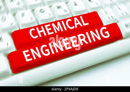 Textunterschrift Präsentation Chemietechnik, Geschäftskonzept Entwicklung von Dingen, die sich mit der industriellen Anwendung der Chemie befassen Stockfoto