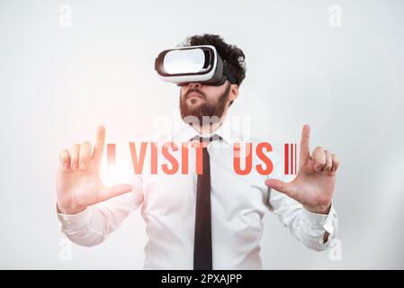 Schreiben Anzeigetext Besuchen Sie uns, Einladung zum Geschäftskonzept Beobachten Sie Eine Webseite Link zu Homepage Blog Internet Stockfoto