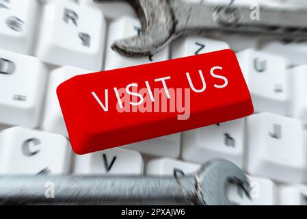 Schreiben Anzeigetext Besuchen Sie uns, Word für die Einladung Überwachen Sie Eine Webseite Link zum Homepage-Blog Internet Stockfoto