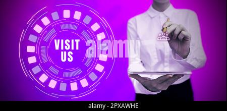 Schreiben Anzeigetext Besuchen Sie uns, Einladung zum Geschäftskonzept Beobachten Sie Eine Webseite Link zu Homepage Blog Internet Stockfoto