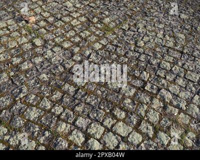 Gepflegte alte Pflastersteine. Bürgersteig auf dem Platz der Altstadt. Quadratische und rechteckige Steine auf dem Boden, mit Moos und Flechten bedeckt. Stockfoto