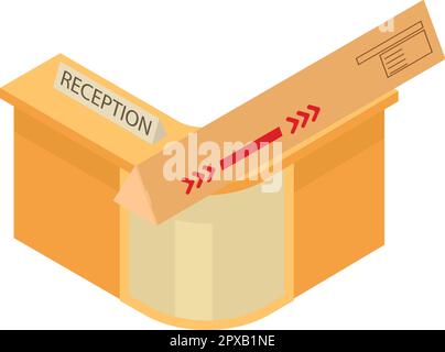 Isometrischer Vektor für Hotelmöbel. Lieferpaket auf Holzrezeption. Arbeitsmittel, Liefermöbel Stock Vektor