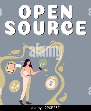Textzeichen mit Open Source, Business Idea, die Software mit frei verfügbarem Original-Quellcode kennzeichnet Stockfoto