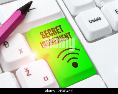 Handgeschriebener Text Geheime Zutat, Wort für besondere Techniken oder Materialien, die von einem Unternehmen bei der Herstellung seiner Produkte verwendet werden Stockfoto